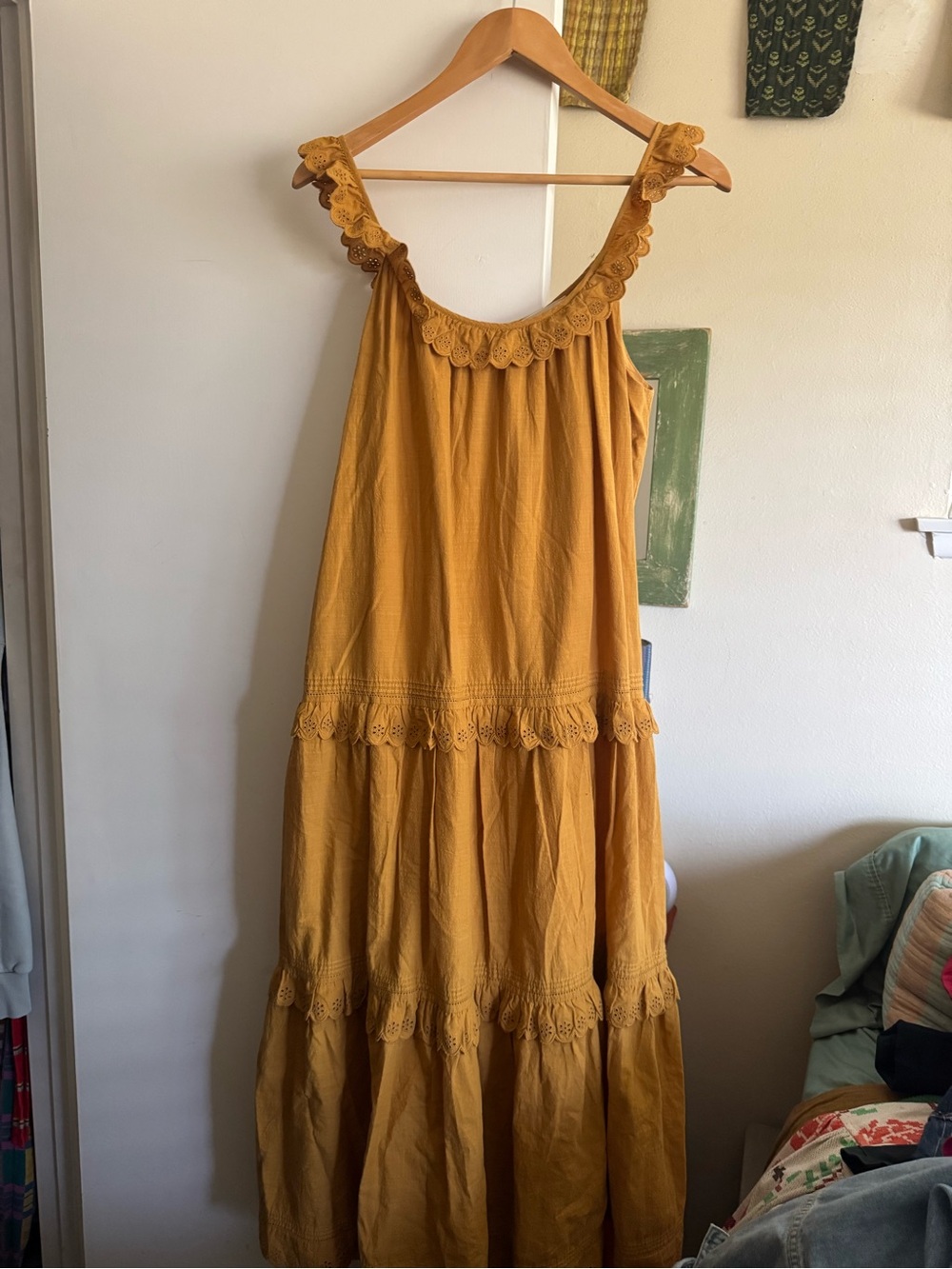 The GREAT. Mustard Yellow Tiered Maxi Dress with Scallop Trim size 3